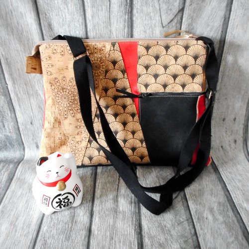 Sac bandoulière vegan, liège noir rouge naturel, inspiration asiatique, sac à main homme ou femme, cadeau anniversaire