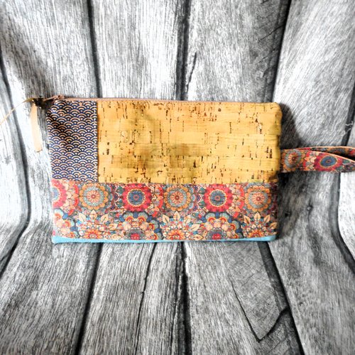 Trousse végan, liège vert bleu glacier et fleurs, cadeau femme maman, fête des mères, pochette rangement