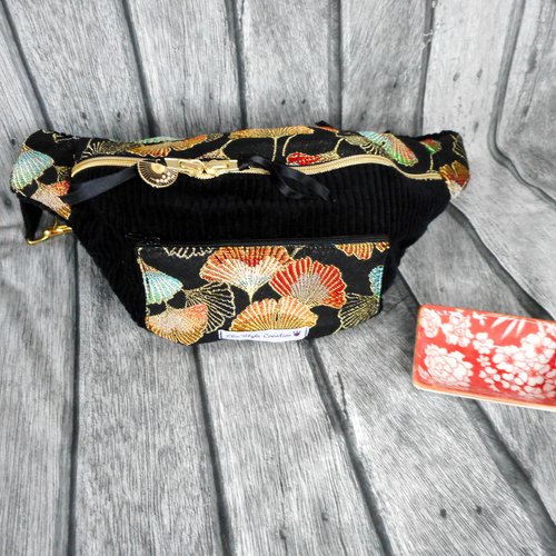 Sac banane velours côtelé noir, jacquard ginkgo biloba colorés dorés, sac bandoulière, cadeau femme homme, cadeau anniversaire