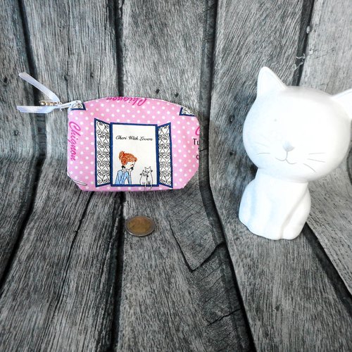 Petit porte-monnaie, fille et chat à la fenêtre, cadeau femme, porte-monnaie coton