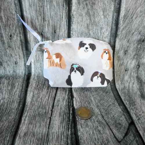 Porte-monnaie chien, coton shih tzu gris, cadeau homme femme, cadeau anniversaire fêtes