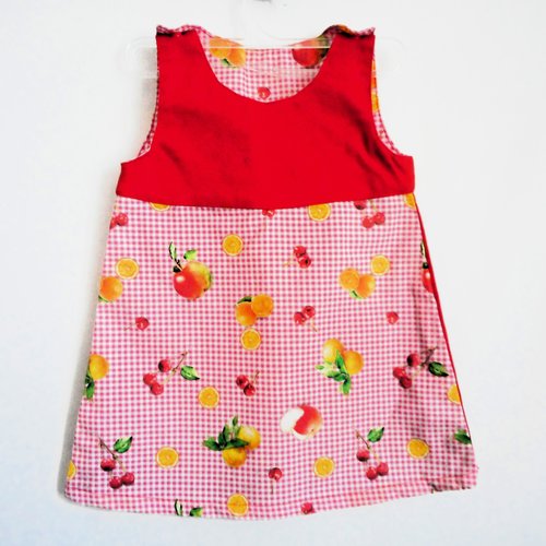 Robe chasuble bébé, robe trapèze fille 12 mois, coton biologique fruits vichy, jeans rouge