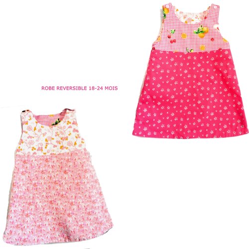 Robe bébé fille 18-24 mois, chasuble réversible, fleurs rose et fuchsia, robe trapèze, coton biologique