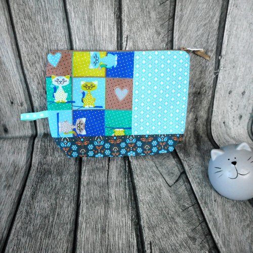 Trousse chats fleurs bleu, pochette rangement coton, cadeau femme homme, cadeau anniversaire