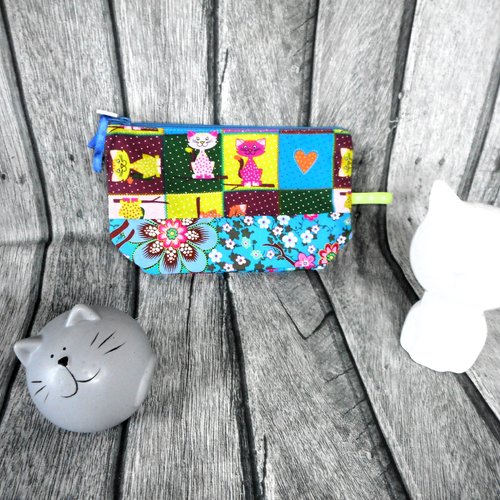 Trousse rangement, pochette chats coeur fleurs, trousse rose bleu vert, cadeau femme homme, cadeau anniversaire