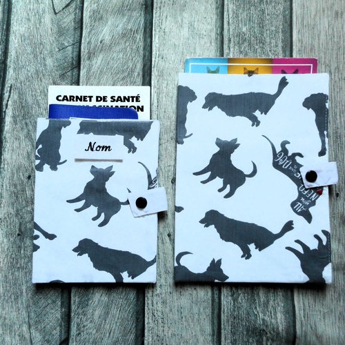 Protège passeport pour chien, etui carnet de santé, range ordonnance, silhouettes chiens gris, labrador golden teckel