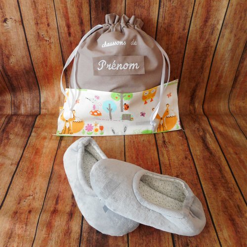 Rentrée scolaire, sac enfant ecole prénom brodé, pochon à chaussons ou doudou, coton taupe et animaux forêt