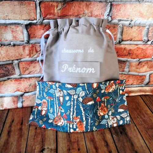 Sac à chaussons personnalisé, ecole crèche maternelle, coton taupe et animaux des bois, pochon enfant fille garçon