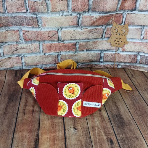 Sac banane velours côtelé fin bordeaux, velours chouettes orange, sac bandoulière, cadeau femme homme, cadeau anniversaire