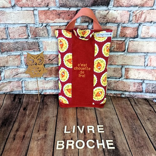 Grande housse pour livre broché, pochette à livre velours, chouette orange bordeaux, velours côtelé, cadeau lecteur lectrice