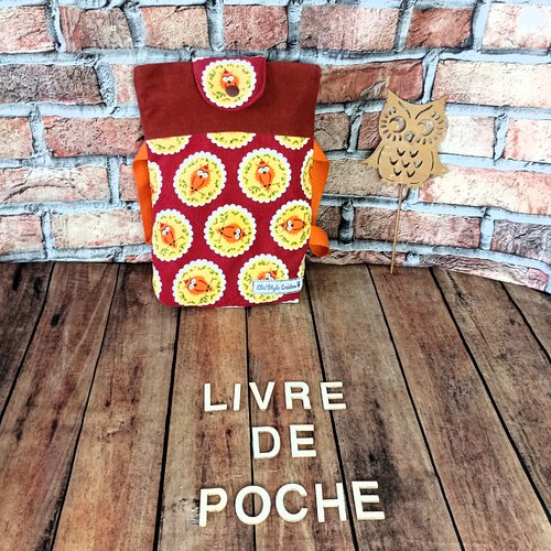 Pochette à livre velours, housse pour livre de poche, chouette orange bordeaux, velours mille-raies, cadeau lecteur lectrice