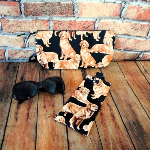 Trousse et etui à lunettes, chiens golden retriever, pochette rangement, cadeau femme homme, accessoire chien