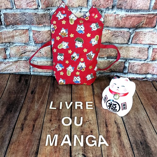 Housse à livre manga, pochette à livre, chats maneki neko rouge, cadeau lecteur lectrice