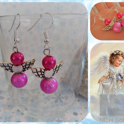 Boucles d'oreilles pendantes argentées en perles: ange de noël, coeur argent et rose fuchsia