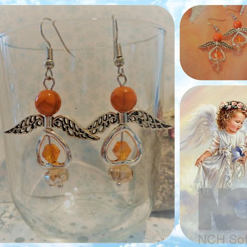 Longues boucles d'oreilles pendantes ailes argentées et perles de cristal orange: ange de noël