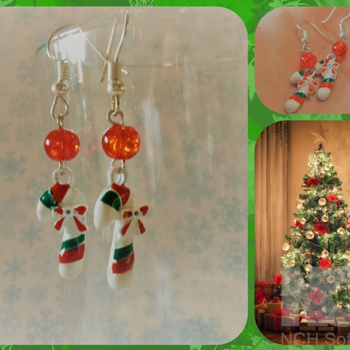 Boucles d'oreilles pendantes argentées et perles, thème noël / fêtes de fin d'année, sucre d'orge de noël