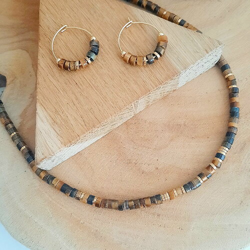 Collier œil de tigre naturel et hématite dorée – bijou bohème fait main