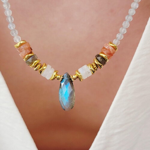 Collier labradorite naturelle – pierre de lune et pierre de soleil, pendentif goutte