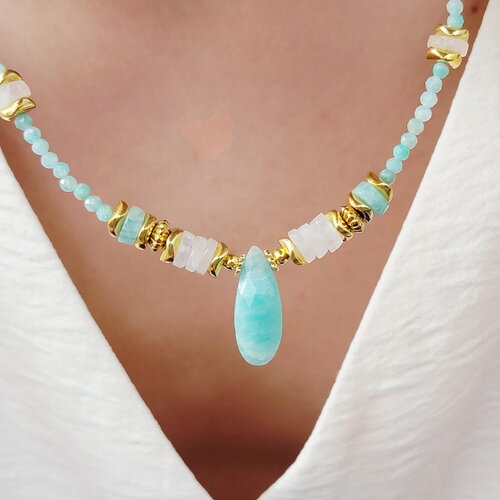 Collier amazonite bleue et pierre de lune – pendentif goutte, bijou bohème chic