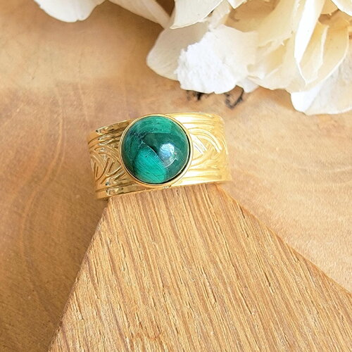 Bague ajustable malachite et acier inoxydable doré – bijou pierre naturelle