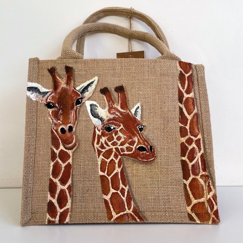 Petit sac têtes de girafes en jute naturelle