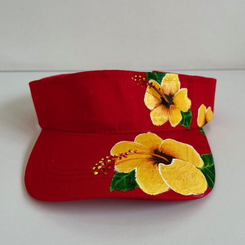 Visière hibiscus pour femme en coton rouge peinte à la main