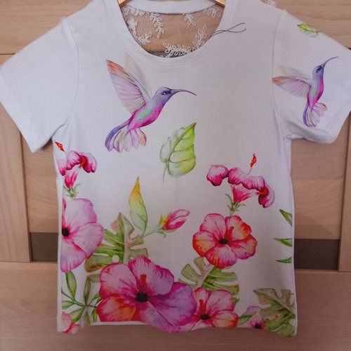 Tee-shirt blanc jersey coton avec motif fleur / oiseau taille 8 ans