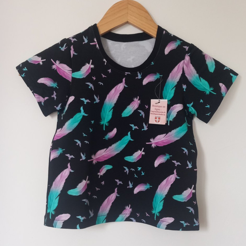 Tee-shirt noir jersey coton avec motif plume t,t-shirt 6 ans,cadeau noel enfantaille 6 ans