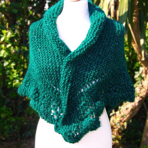 Châle en laine, étole, avec bordure en dentelle, tricoté main, tissage manuel, vert
