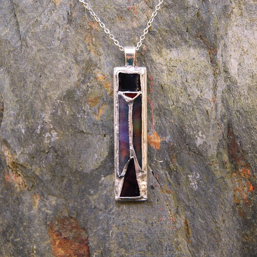 Collier avec pendentif rectangulaire, pendulaire, en verre et métal,  artisanat, fait main, homme et femme
