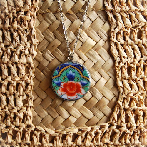 Collier, pendentif en porcelaine, motif asie, fleur, artisanat, fait main