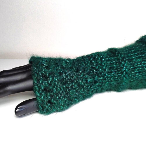 Mitaines, manchettes en laine, dentelle tricot vert foncé brillant