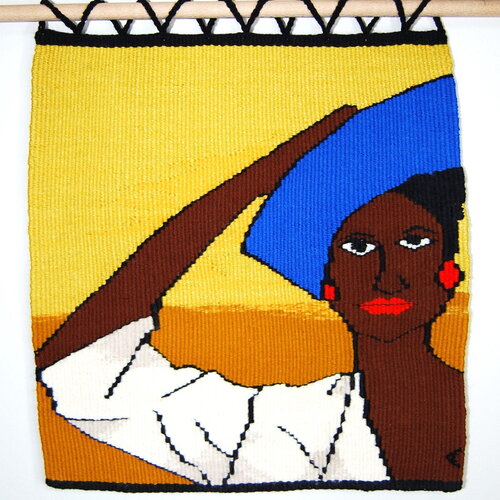 Tapisserie, tenture artisanale, tableau, tissage, haute lisse, femme dans le désert