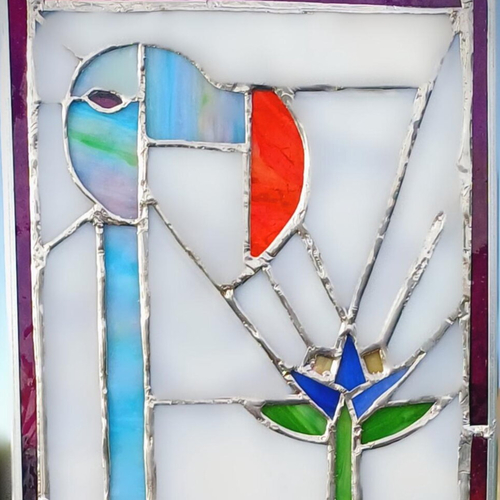 Décoration en verre, vitrail avec cadre, oiseau, flamand, à accrocher, attrape soleil