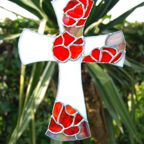 Croix décoration en verre, crucifix, vitrail motif fleurs à accrocher