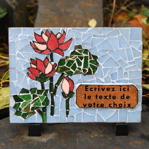 Plaque funéraire lotus, ornement tombe, à poser, gravure, mosaïque