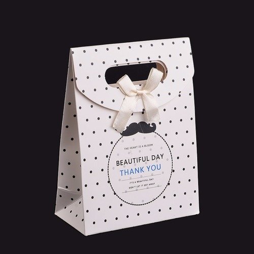 1 boite cadeau cartonnée sac sachet fantaisie avec velcro 16x12.5x6 blanc pois noir moustache