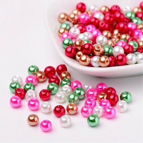 Lot 50 perles rondes en verre nacrees rose rouge appret bijoux 6 mm neuf 