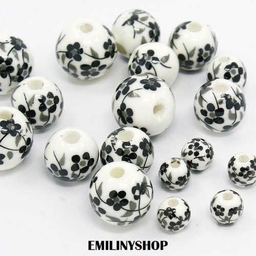 Lot de 10 perles céramique blanc fleur noir neuf 