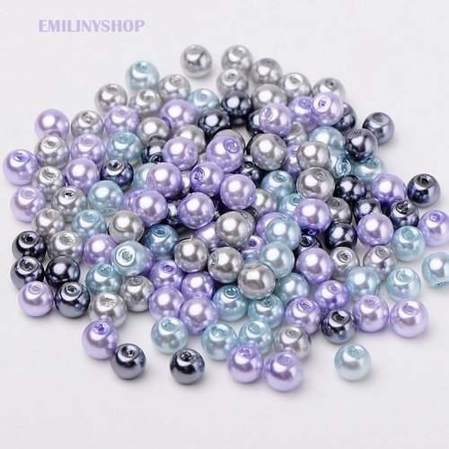 Lot 50 perles rondes en verre nacrees mauve violet gris appret bijoux 6 mm neuf 