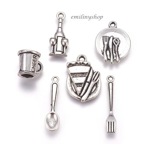 Lot de 6 breloques charms pendentifs perle scrap thème vaisselle cuisine neuf