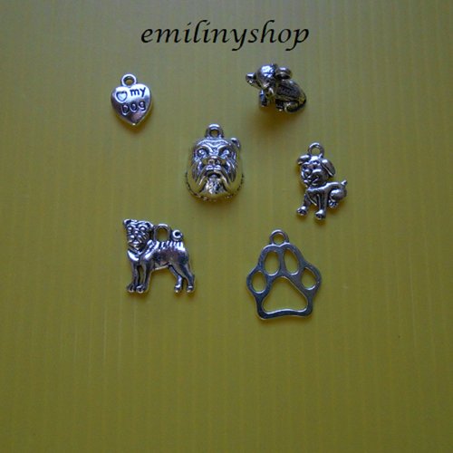 Lot de 6 breloques charms pendentifs perles scrapbooking thème chien 1 bouledogue neuf