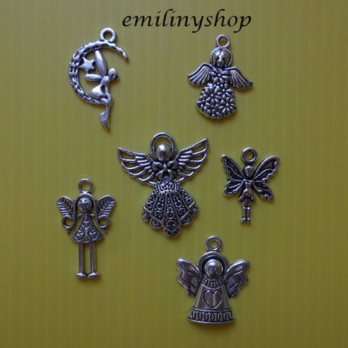 Lot de 6 breloques charms pendentifs perles scrapbooking thème fée ange neuf