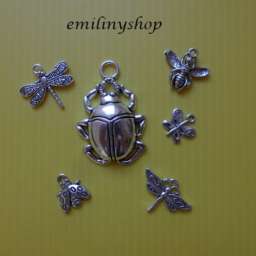 Lot de 6 breloques charms pendentifs perles scrapbooking thème insectes animal neuf