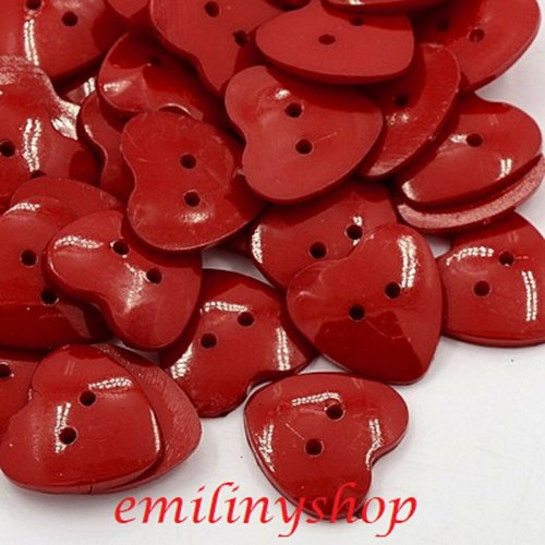 Lot 20 boutons coeur 25 mm rouge 2 trous neuf