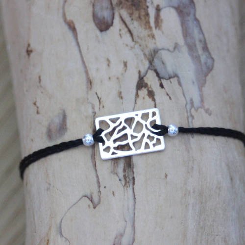 Bracelet cordon breloque rectangle graphic en argent massif / 15 couleurs au choix