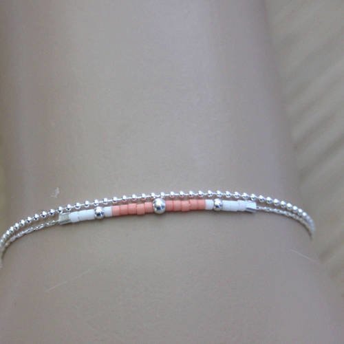 Bracelet en argent massif double chaine et perle miyuki corail