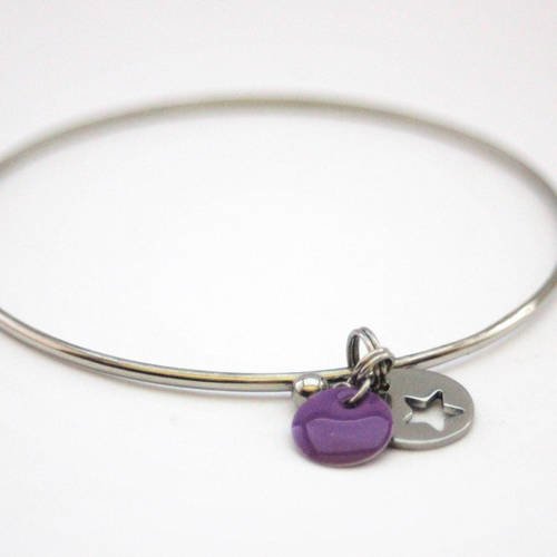 Bracelet jonc en acier inoxydable avec breloque étoile et sequin émaillé violet