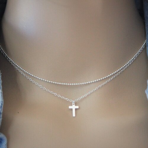 Collier ras de cou multi-rangs en argent massif double chaine et pendentif petite croix
