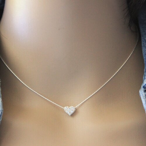 Collier minimaliste ras de cou en argent massif pendentif coeur argent sertis de zirconium